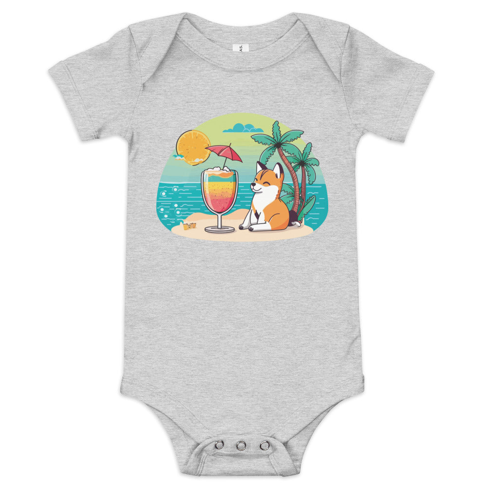 Body bébé Shiba Inu sur une île avec un cocktail, couleur gris clair
