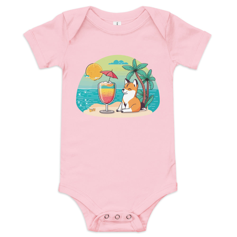 Body bébé Shiba Inu sur une île avec un cocktail, couleur rose