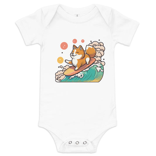 Body bébé Shiba Inu surfant sur une vague, couleur blanc